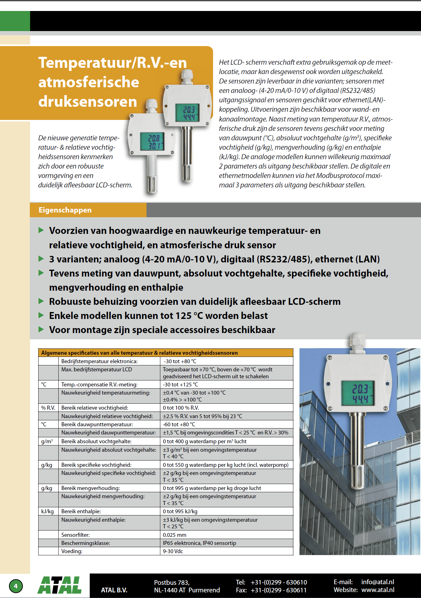 ATAL datasheet Temperatuur-RV-Atmosferische druk